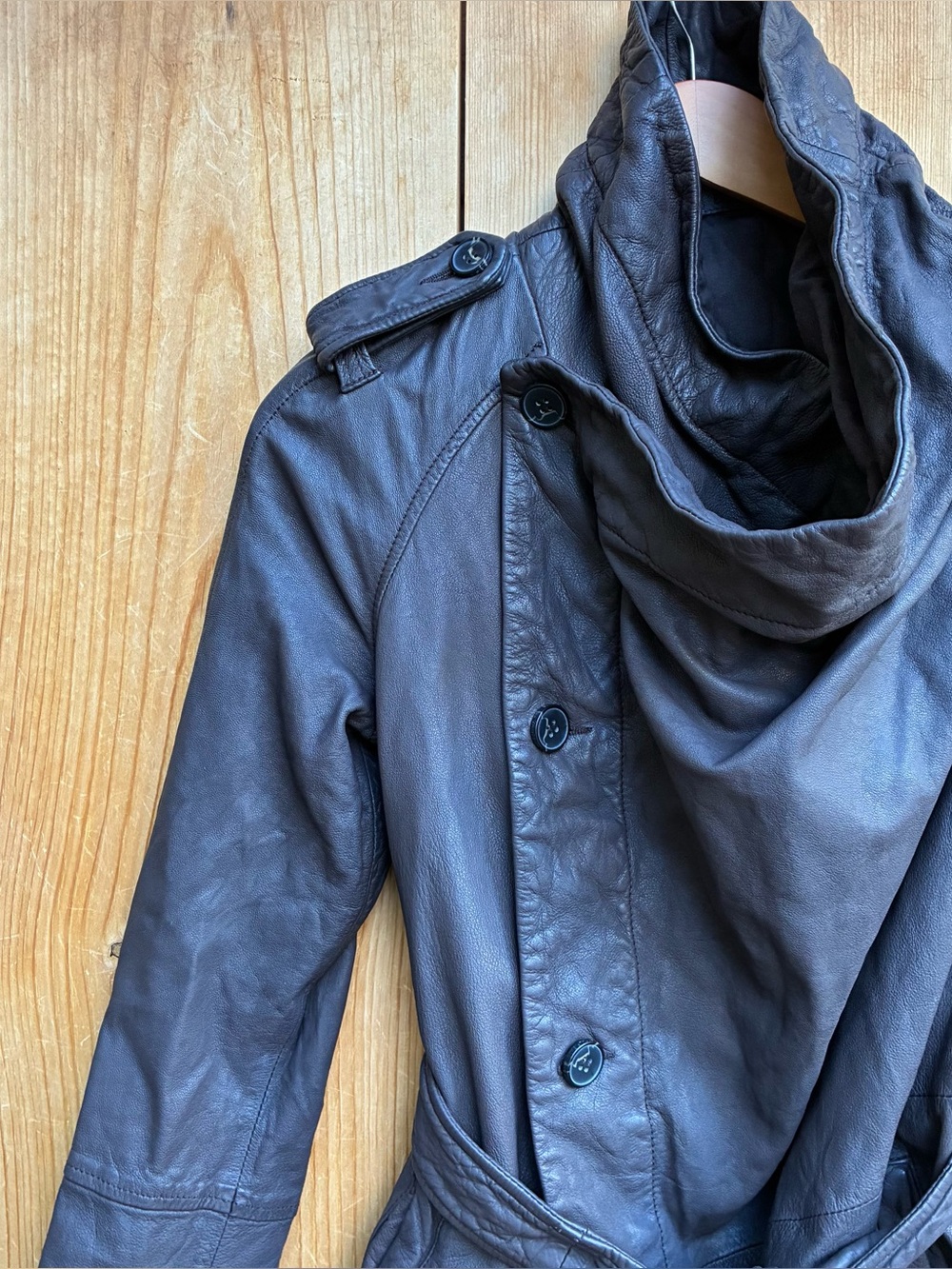 All Saints Spitalfields Brown Leather Coat Sz 10 - Picture 4 of 9